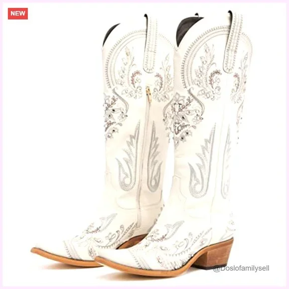 Women's Knee-High Western Cowboy Boots Embroidered Rhinestones Chunky Heel - Picture 6 of 7